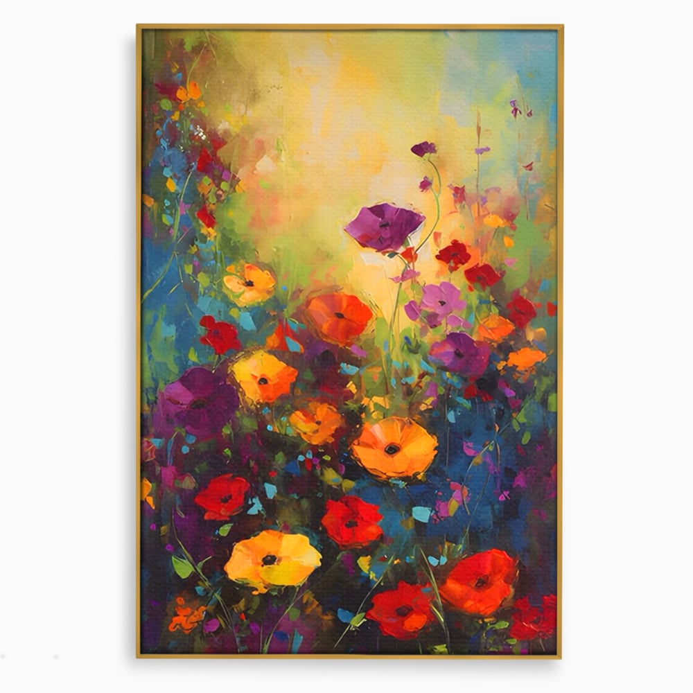 Tablou canvas cu pictura camp cu flori colorate, in rama de aluminiu auriu